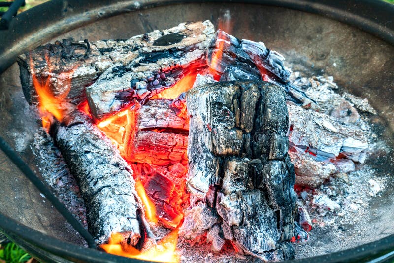 Flame Fire Burning in Metal Grill Preparing for BBQ Stock Photo Image