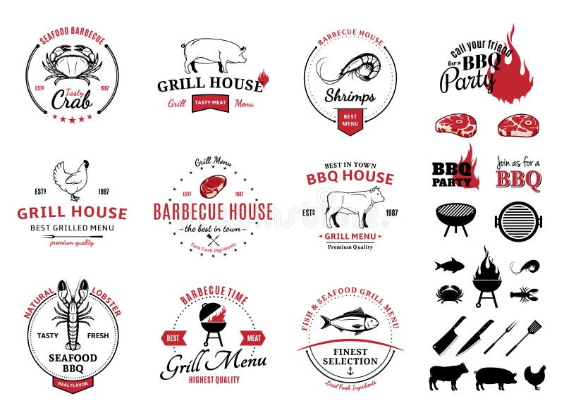 Barbecue, Zeevruchtenemblemen, Etiketten en Ontwerpelementen royalty-vrije illustratie Barbecue, Zeevruchtenemblemen, Etiketten en Ontwerpelementen royalty-vrije illustratie