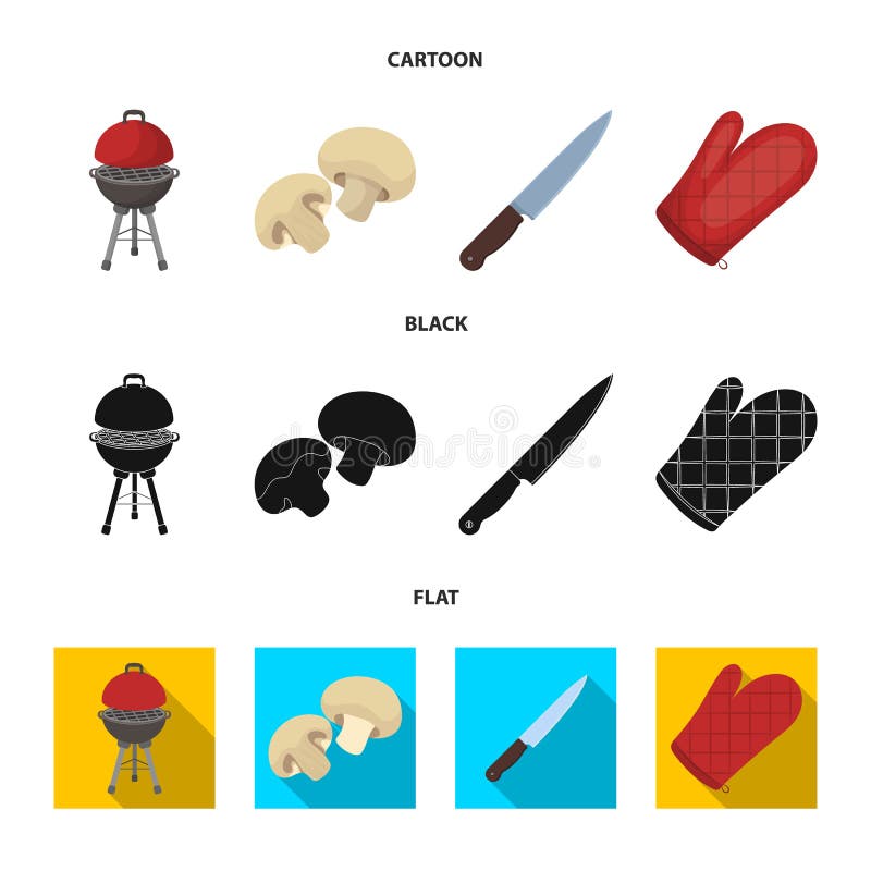Barbecuegrill, champignons, mes, barbecuevuisthandschoen BBQ vastgestelde inzamelingspictogrammen in beeldverhaal, zwart, vlak st stock illustratie Barbecuegrill, champignons, mes, barbecuevuisthandschoen BBQ vastgestelde inzamelingspictogrammen in beeldverhaal, zwart, vlak st stock illustratie
