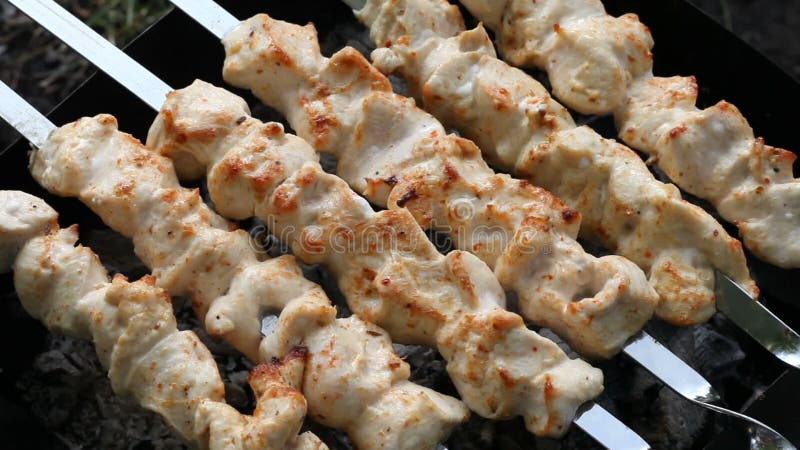 Barbecuevleespennen met vlees op de koperslager Kip shish kebab