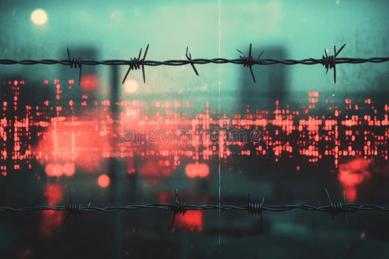 Barbed wire fence creating a barrier, symbolizing isolation and imprisonment from urban life with binary code overlay. Code division stock images, royalty-free photos and pictures