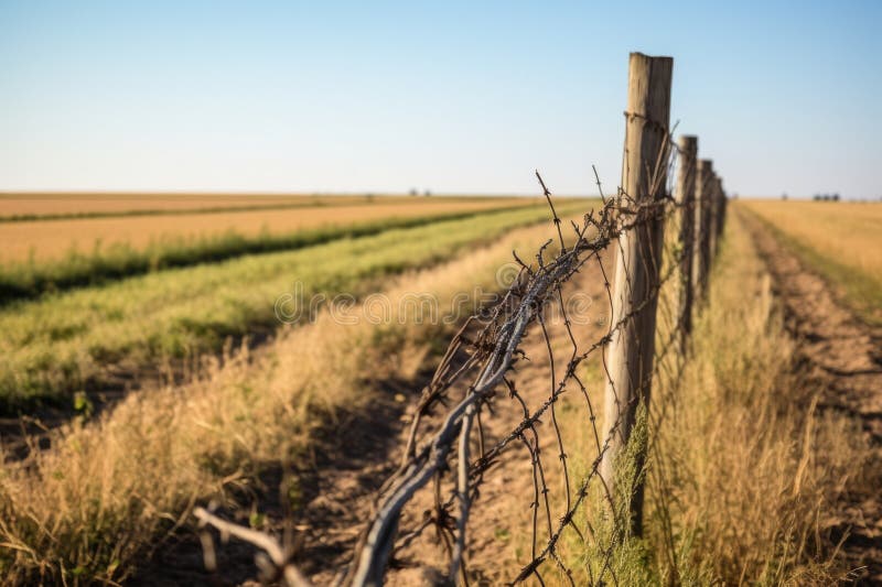 A Barbed Wire Fence Sectioning Off a Field Stock Illustration