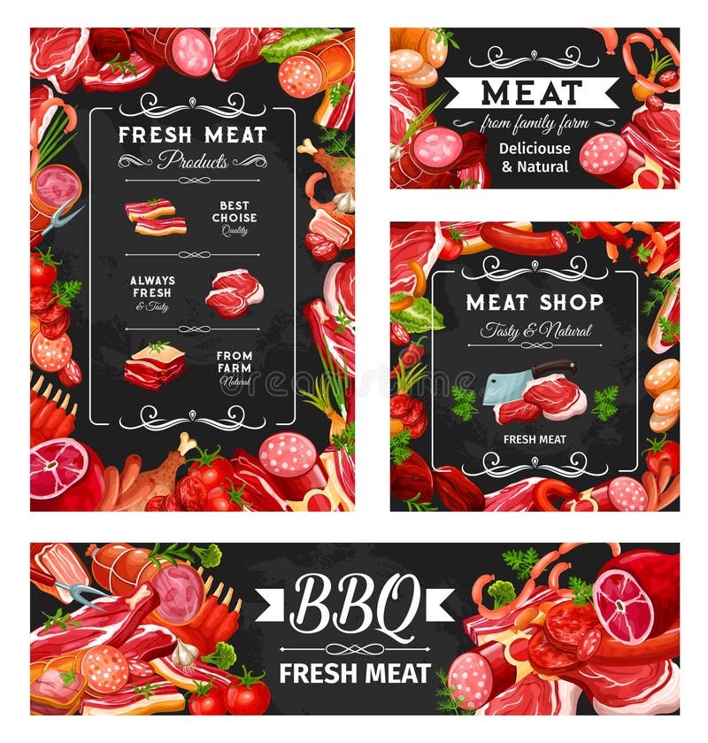 Barbeque: carne e macellerie consumano alimenti in telai illustrazione vettoriale Barbeque: carne e macellerie consumano alimenti in telai illustrazione vettoriale