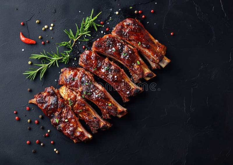 Barbeque grilled fresh pork ribs with herbs and tomatoes with rosemary on black background. Macro. AI Generative royalty free illustration