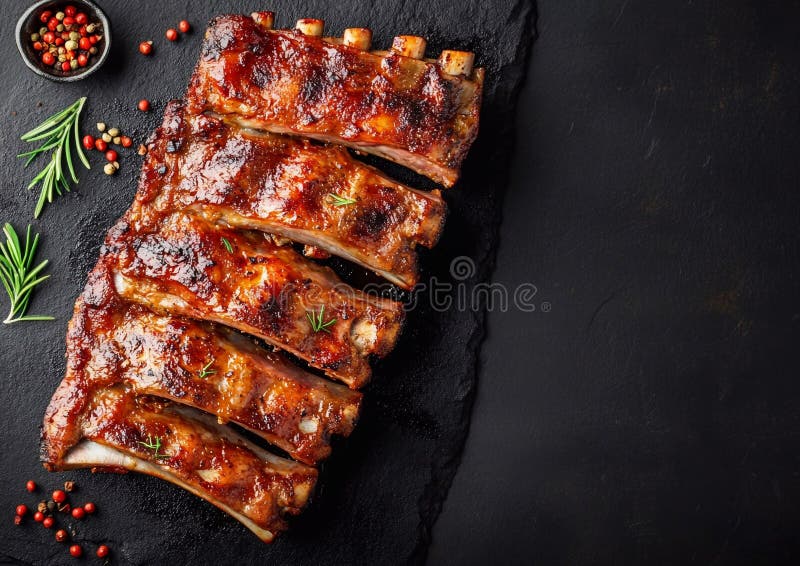 Barbeque grilled fresh pork ribs with herbs and tomatoes with rosemary on black background. Macro. AI Generative stock illustration