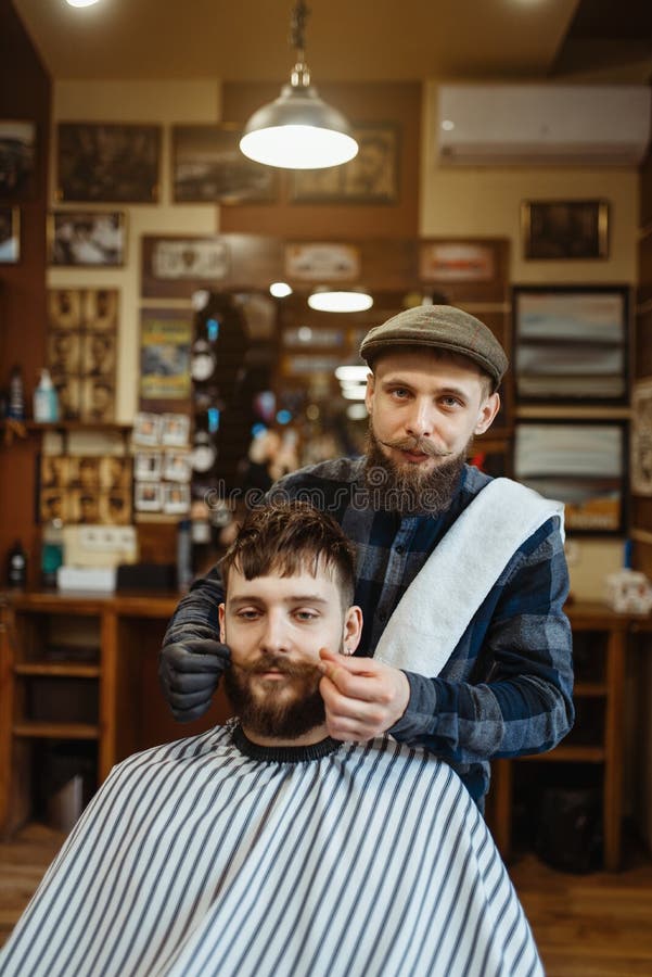 Barber and Customer with a Mustache, Barbershop Stock Photo - Image of ...