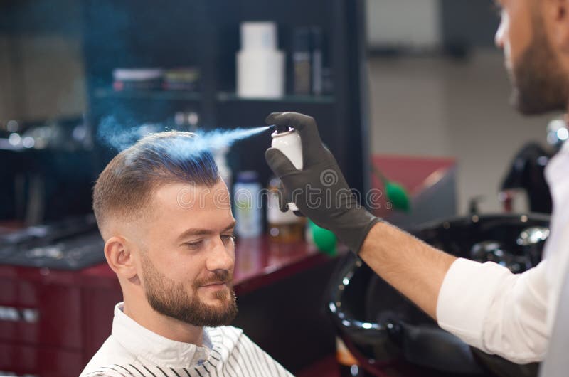Barber Fixating Hair of Male with Spray in Barber Shop Stock Image - Image  of care, chair: 130679577