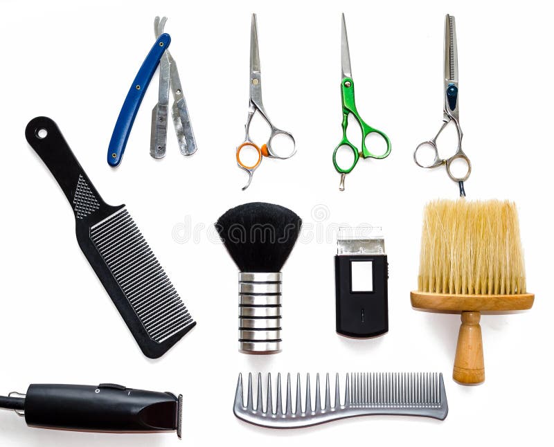 Barber shop equipment tools on white background. Professional hairdressing tools. Comb, scissor, clippers and hair trimmer isolate