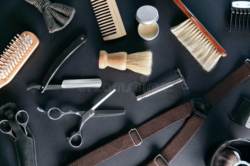 Barber Shop Tools and Equipment. Men`s Grooming Tools Stock Photo