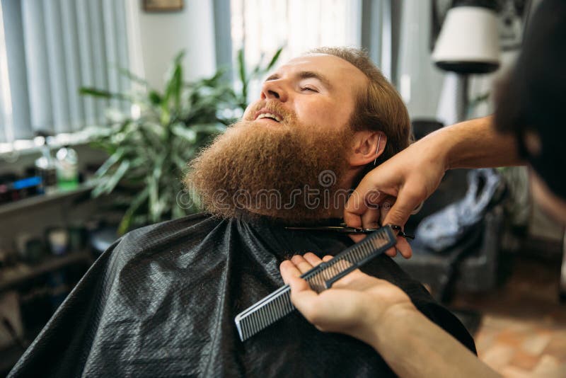 Barber using scissors and comb in barbershop royalty free stock images Barber using scissors and comb in barbershop royalty free stock images