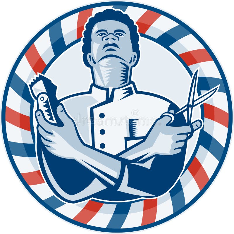 Barberare med den Retro Pole hårclipperen och sax vektor illustrationer Barberare med den Retro Pole hårclipperen och sax vektor illustrationer