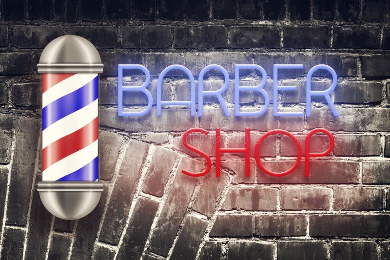 Barber pole on the background of the old brick wall. Neon inscription Barber Shop. Concept Barber Shop. Background. Barber pole on the background of the old brick wall. Neon inscription Barber Shop. Concept Barber Shop. Background.