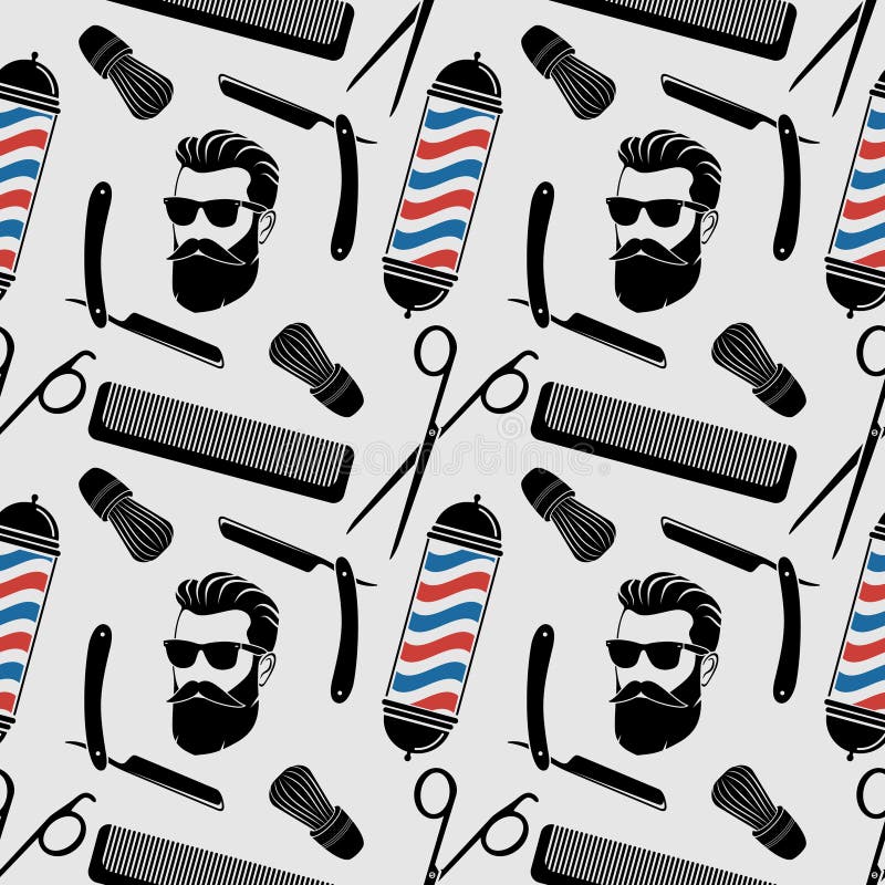 Barbershop Background, Seamless Pattern with Hairdressing Scissors, Shaving  Brush, Razor, Comb, Hipster Face and Barber Pole. Stock Vector -  Illustration of seamless, shop: 121495032