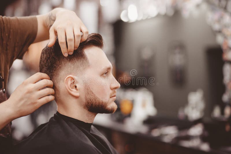 Barbershop Banner. Man in Barber Chair, Hairdresser Styling His Hair. Stock  Photo - Image of beard, brick: 151465634