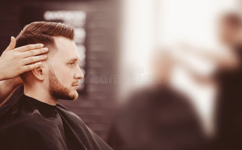 Barbershop Banner. Man in Barber Chair, Hairdresser Styling His Hair. Stock  Photo - Image of comb, barbershop: 151485494