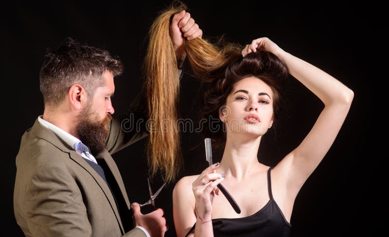 Barbershop hairdresser salon. Bearded male. hairdresser cutting clients hair with scissors at hair salon. woman with royalty free stock images Barbershop hairdresser salon. Bearded male. hairdresser cutting clients hair with scissors at hair salon. woman with royalty free stock images