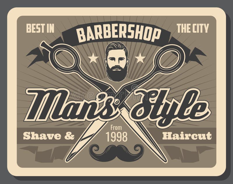 Barbershop Scissors, Man with Beard and Mustache Stock Vector -  Illustration of razor, comb: 151428754