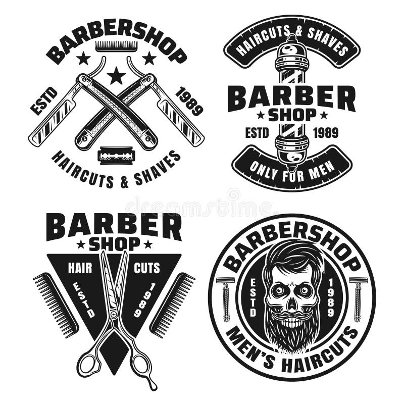 Barbershop set of four vector emblems or badges stock illustration Barbershop set of four vector emblems or badges stock illustration