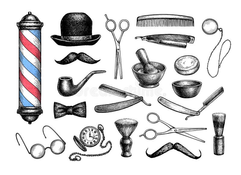 Barber shop collection. Drawing accessories for beauty haircut