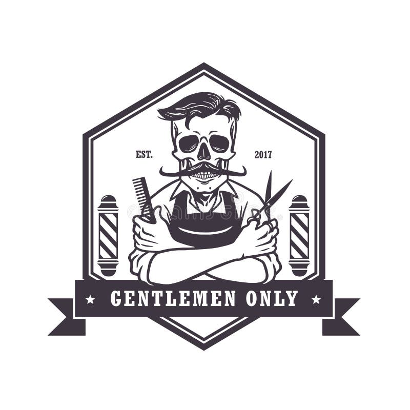 Barbería Logo Template Vector del vintage del cráneo stock de ilustración Barbería Logo Template Vector del vintage del cráneo stock de ilustración