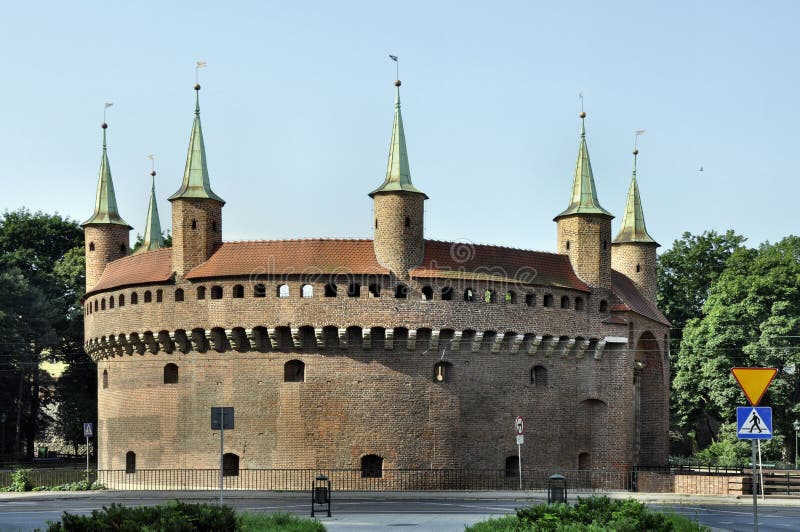 Barbican (Barbakan) in Cracow, Poland. The best preserved medieval barbican in Europe. Barbican (Barbakan) in Cracow, Poland. The best preserved medieval barbican in Europe