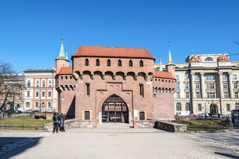 Barbican in Krakow, Poland. Krakow, Poland - March 11, 2022: The Barbican (Barbakan) in Krakow, Poland. The best preserved medieval barbican in Europe