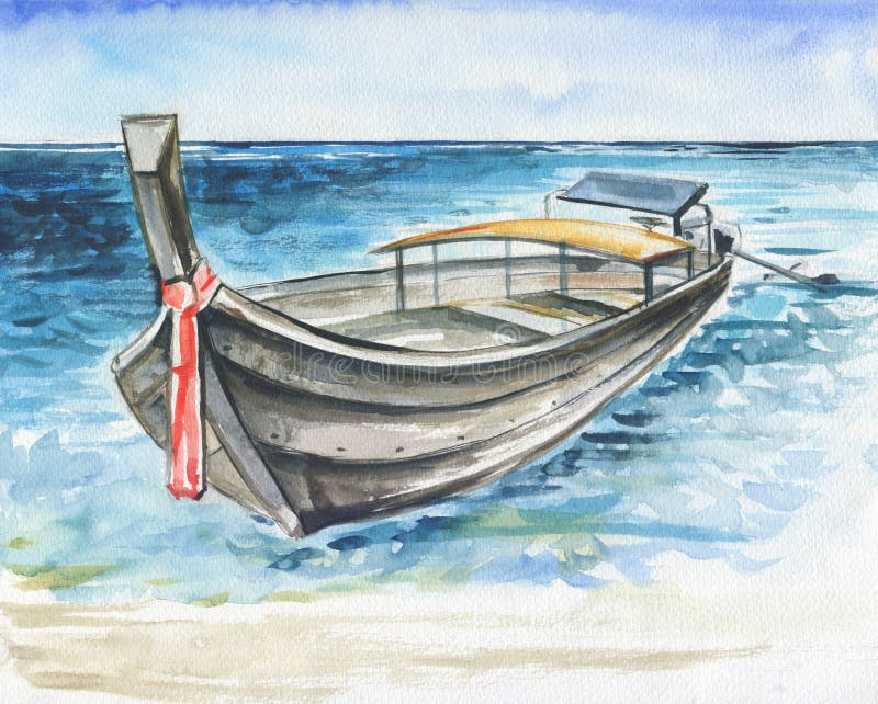 Barca lunga sulla spiaggia tropicale Illustrazione della pittura della mano dell'acquerello dell'oceano illustrazione vettoriale Barca lunga sulla spiaggia tropicale Illustrazione della pittura della mano dell'acquerello dell'oceano illustrazione vettoriale