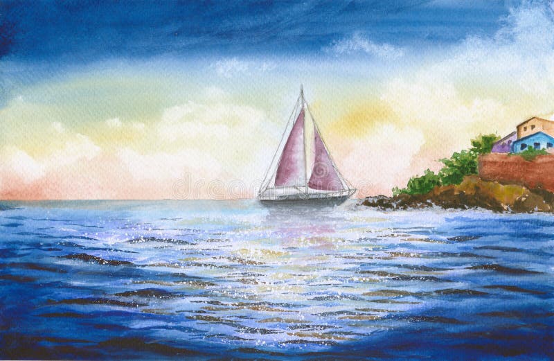 Barca a vela dell'acquerello con il mare scintillante illustrazione di stock Barca a vela dell'acquerello con il mare scintillante illustrazione di stock