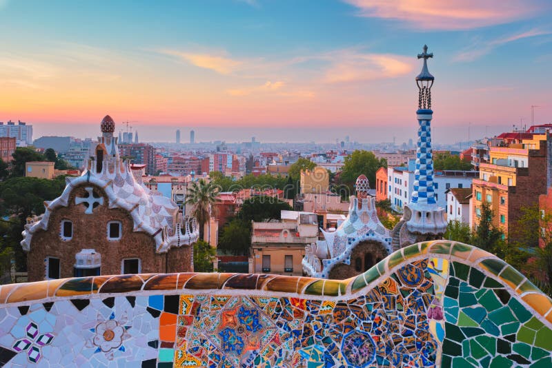 Barcelona City View from Guell Park. Sunrise View of Colorful Mosaic ...