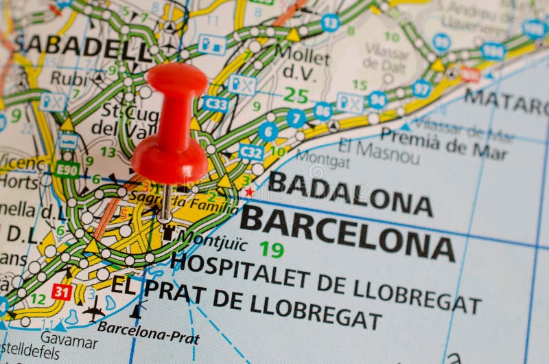 Download Barcelona on map stock photo. Image of spain, montjuic - 96097746