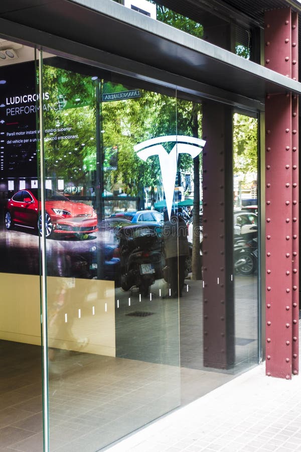Barcelona, Spain. April 2018: Tesla Store Near Passeig De Gracia Street With Model S Inside ...