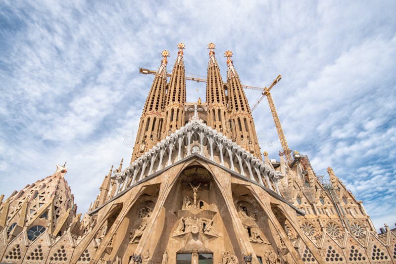 Barcelona, Spain -March 14, 2019: View of the Sagrada Familia, a large Roman Catholic church in Barcelona, Spain. Designed by