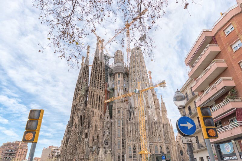 Barcelona, Spain -March 14, 2019: View of the Sagrada Familia, a large Roman Catholic church in Barcelona, Spain. Designed by