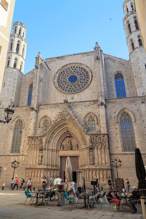 BARCELONA, SPAIN - MAY 17, 2017: This is the entrance to the Gothic Basilica of Santa Maria del Mar. BARCELONA, SPAIN - MAY 17, 2017: This is the entrance to the Gothic Basilica of Santa Maria del Mar