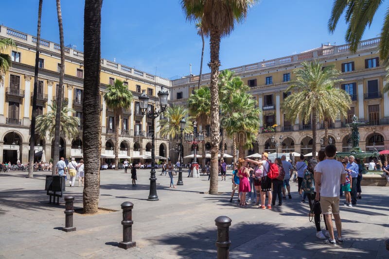 BARCELONA, SPAIN - MAY 15, 2017: View of the Placa Reial Royal square in english, Plaza Real in spanish in Gothic quarter. Is a royalty free stock photos BARCELONA, SPAIN - MAY 15, 2017: View of the Placa Reial Royal square in english, Plaza Real in spanish in Gothic quarter. Is a royalty free stock photos