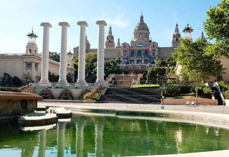 Barcelona, Spain - National art museum and fountain in Plaza de Espana stock image Barcelona, Spain - National art museum and fountain in Plaza de Espana stock image