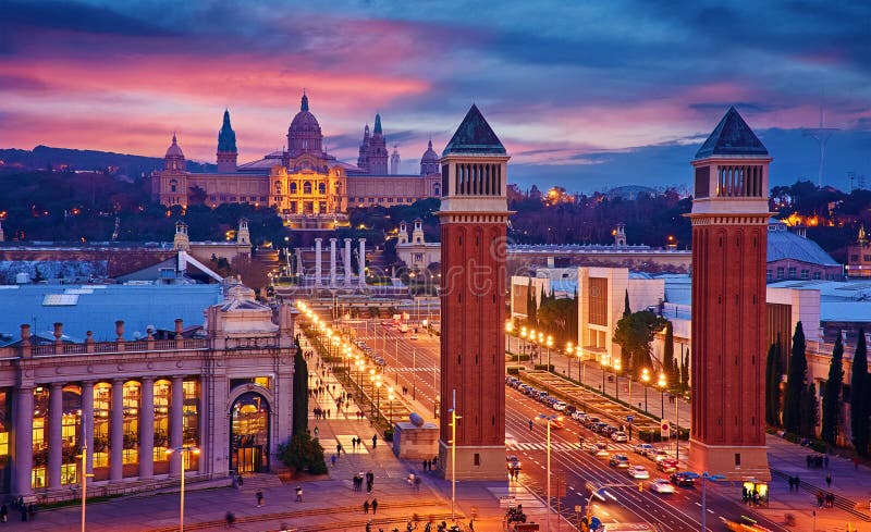 Barcelona, Spain. Nighttime top view at Spanish Square