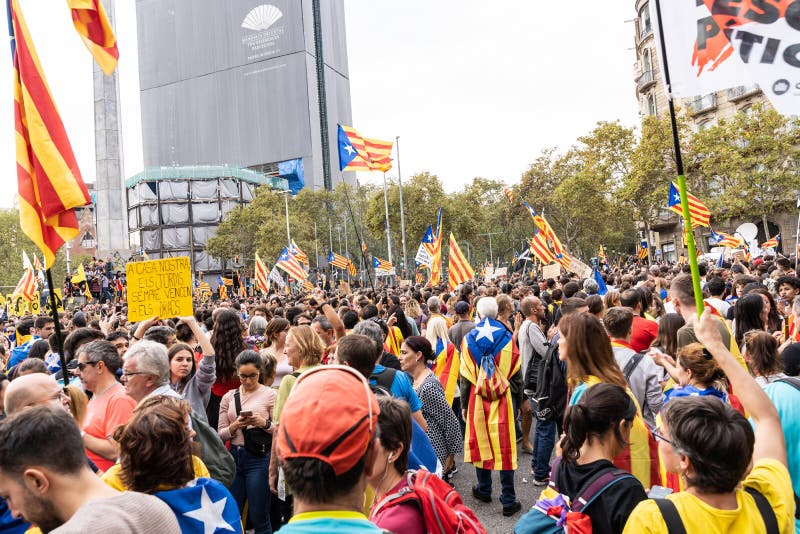 Barcelona, Spain â€“ October 18, 2019: People Demonstrating Peacefully ...