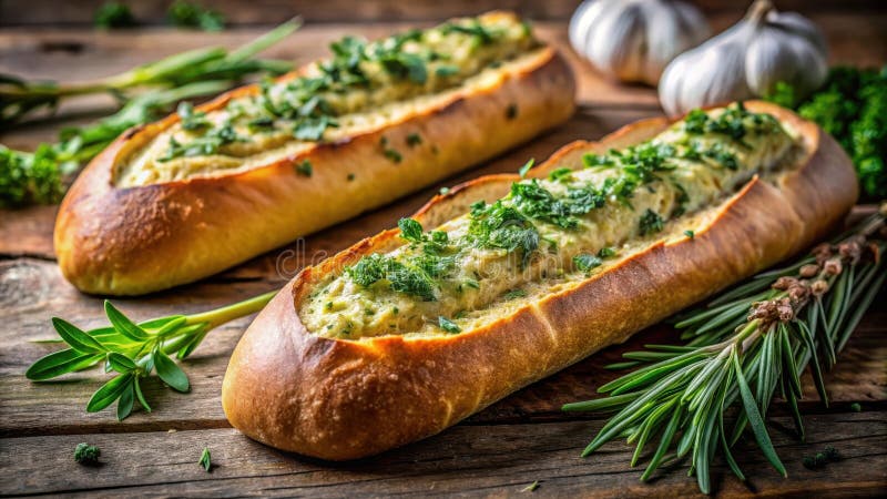 Barche di pane al forno deliziose con miscela di erbe. Generative AI illustrazione di stock