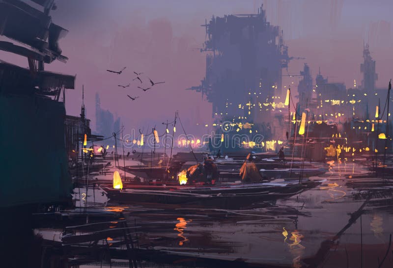 Barche in porto della città futuristica, uguagliante scena illustrazione vettoriale