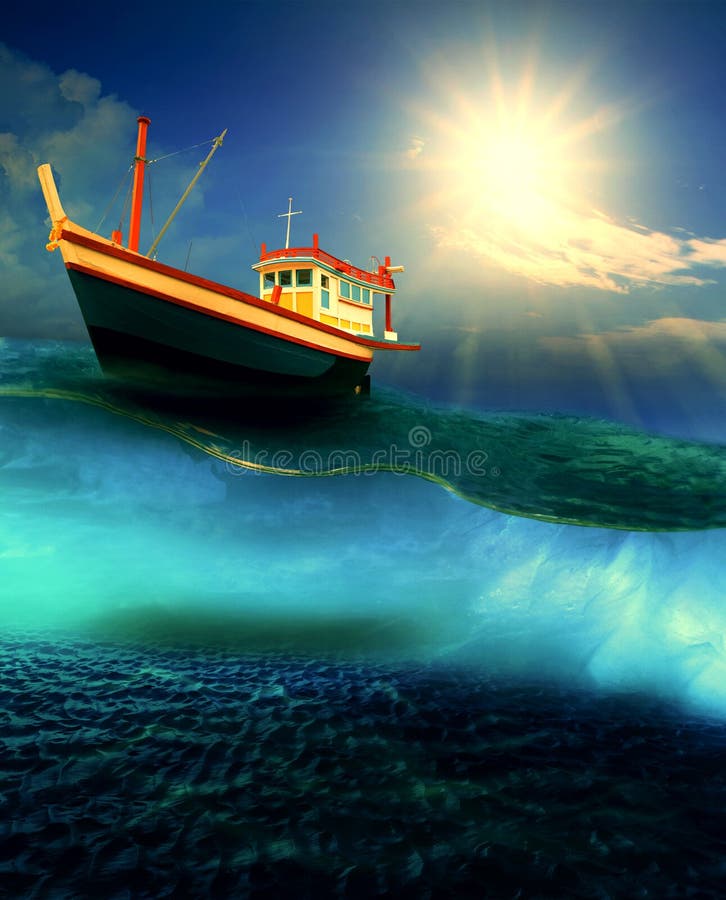 Barco de la industria pesquera que flota en nivel dramático del océano ilustración del vector