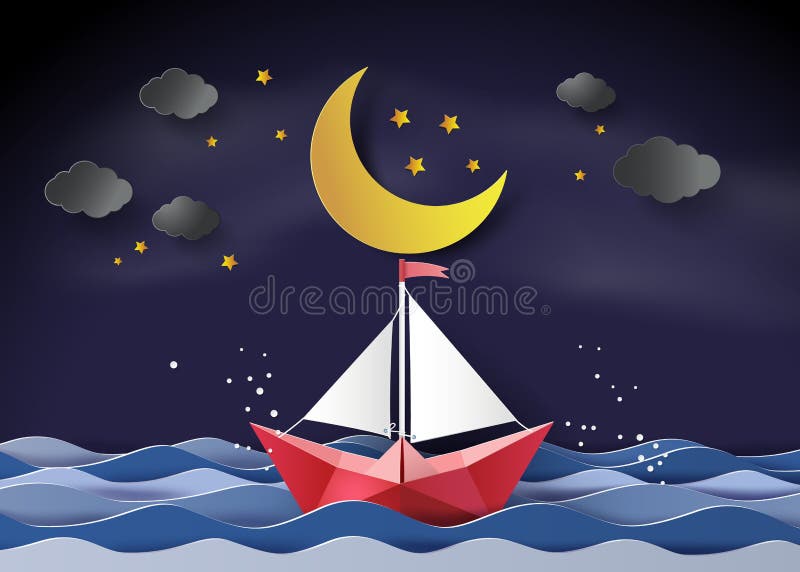 Barco à vela a flutuar no mar em lua crescente ilustração do vetor