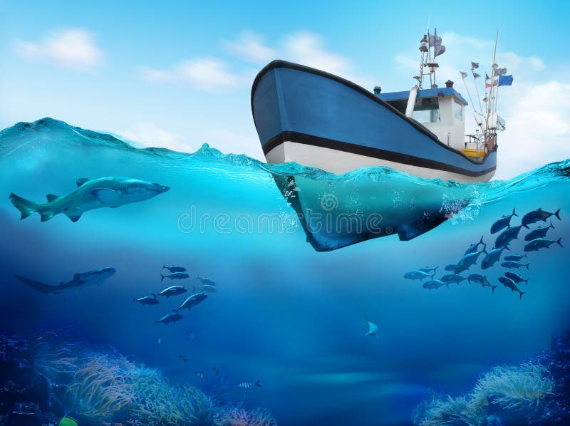 Barco de pesca no oceano ilustração 3D
