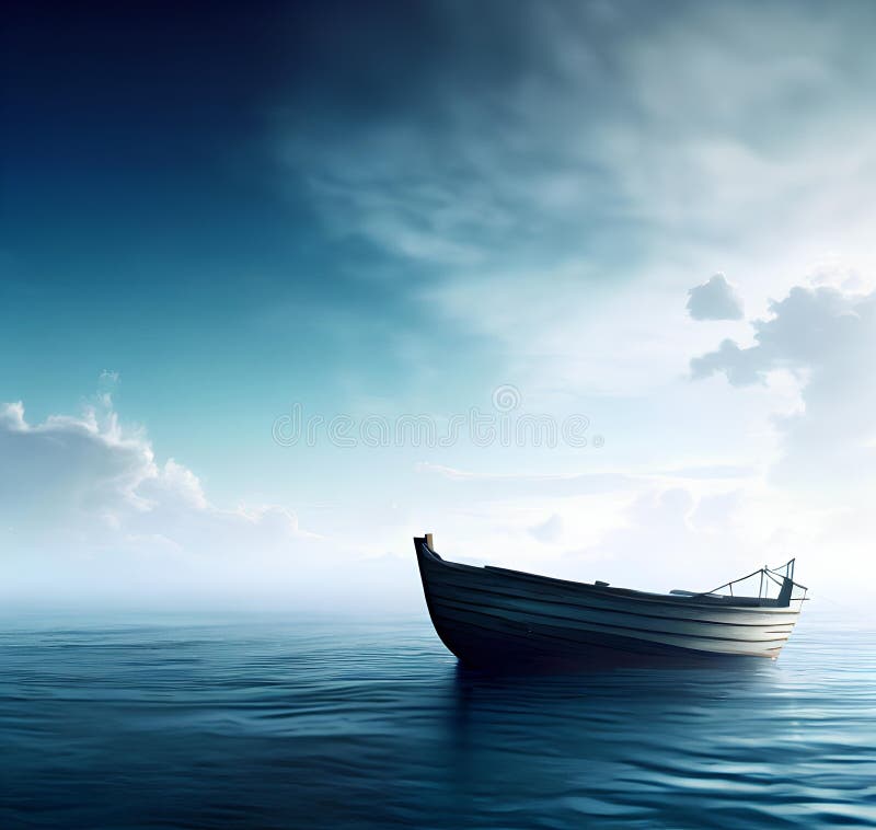 Barco en el mar sobre un fondo de cielo azul con nubes ai generado