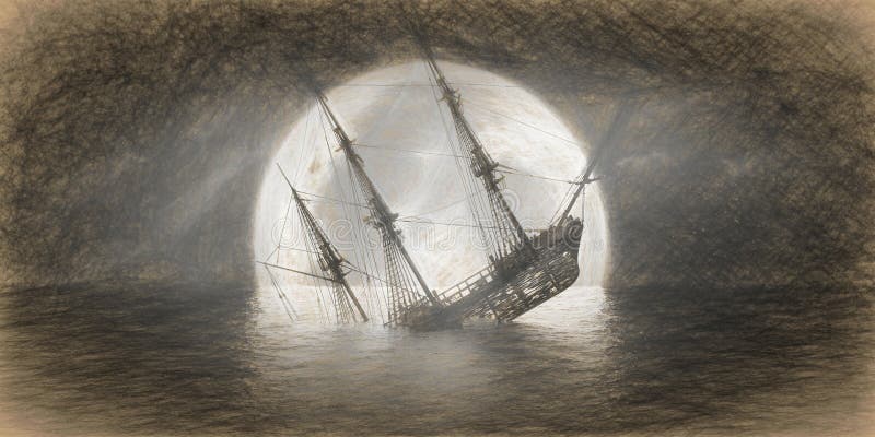 Barco Hundido En El Fondo De Un Gran Dibujo a Lápiz Lunar Stock de  ilustración - Ilustración de ayuda, brillo: 194735101