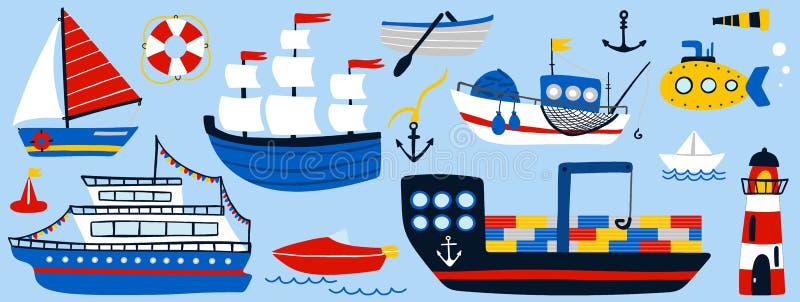 Barco Y Conjunto De Barcos. Dibujos Animados Dibujado a Mano Colorido Vela  Colección Infantil Yate De Vela Velero Y Submarino Salv Ilustración del  Vector - Ilustración de textil, trazado: 216052023