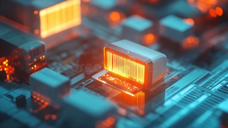 Barcode cpu processing data on futuristic circuit board vector illustration