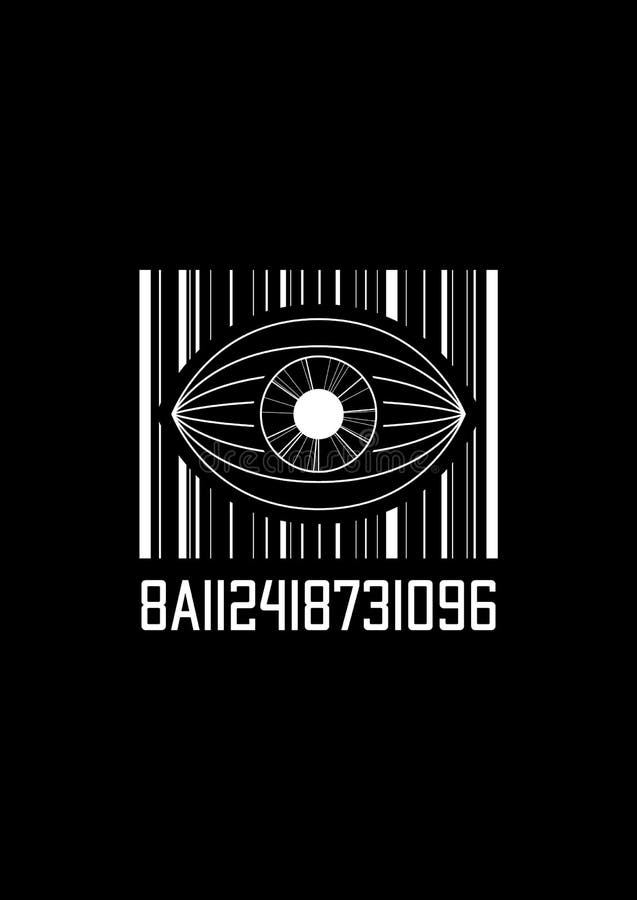 Barcode with an eye t-shirt and apparel design. Conspiracy theory concept. Illustration of the 1980s aesthetics. Black stock illustration
