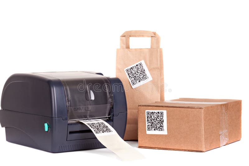 Barcode printer and packaging boxes royalty free stock images