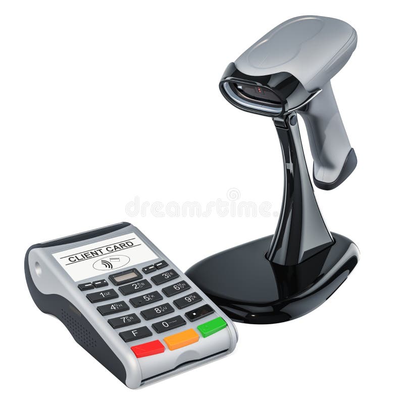Barcode reader with POS-terminal, 3D rendering royalty free illustration